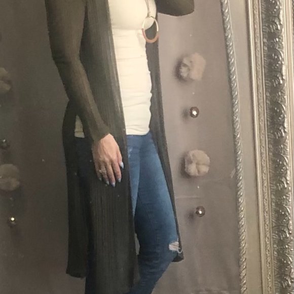 Ambiance Olive Green Long Open Weave Cardigan - Picture 3 of 4